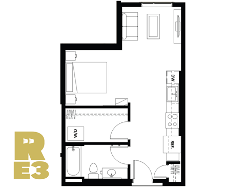 Floor plan for studio, 1 bath, 509 sqft